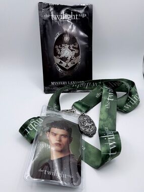 Twilight Saga mystery lanyard with green ribbon and repeating white text Emmett
